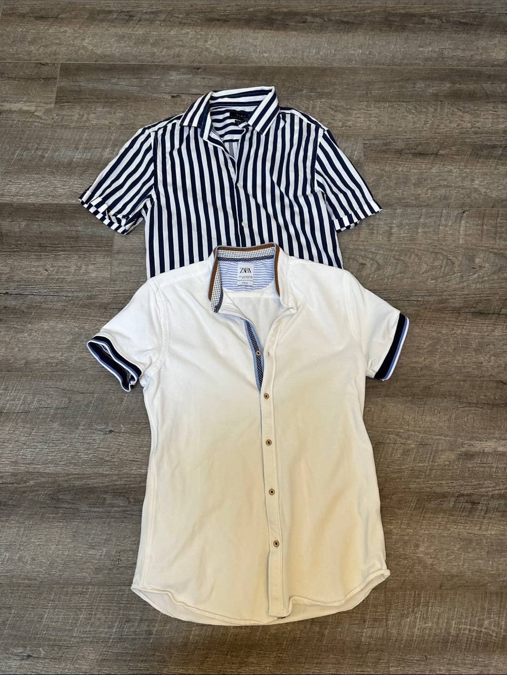 Zara White Short Sleeve Button Polo and Navy Trim & Navy White Striped Shirt XS